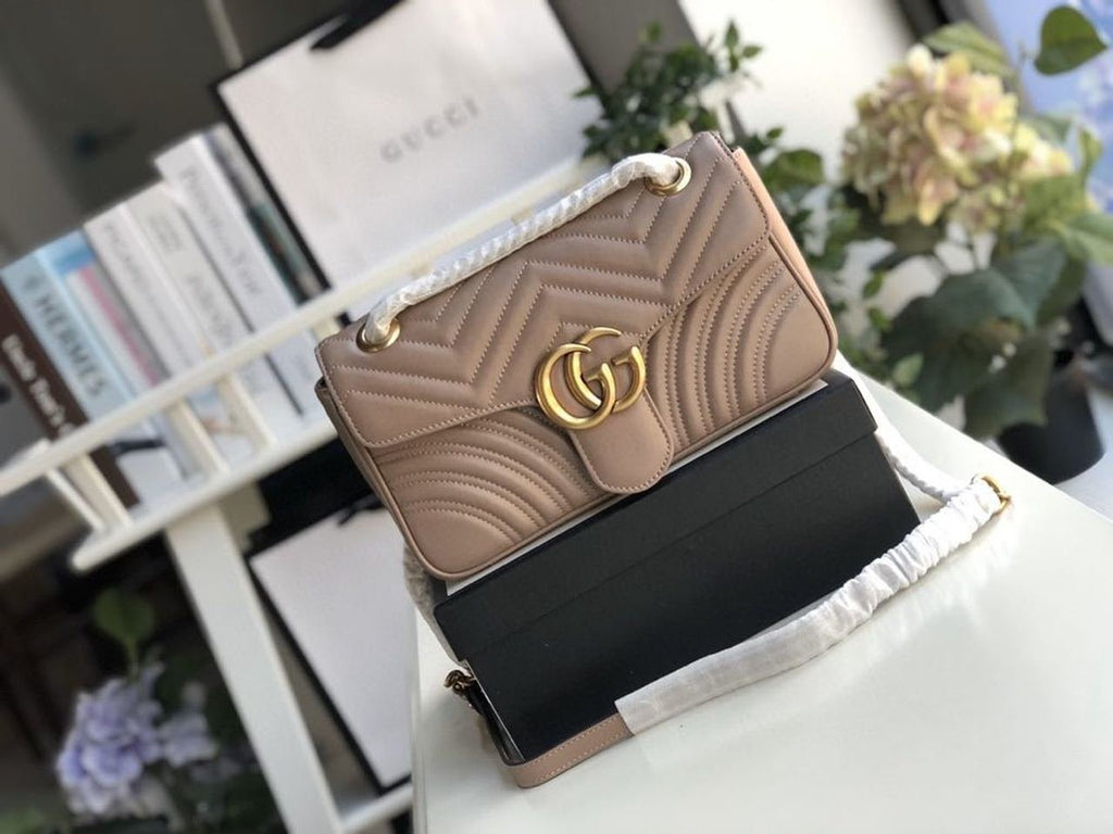 Gucci GG Marmont Matelassé Shoulder Bag Dusty Pink Matelassé Chevron For Women 10in/26cm