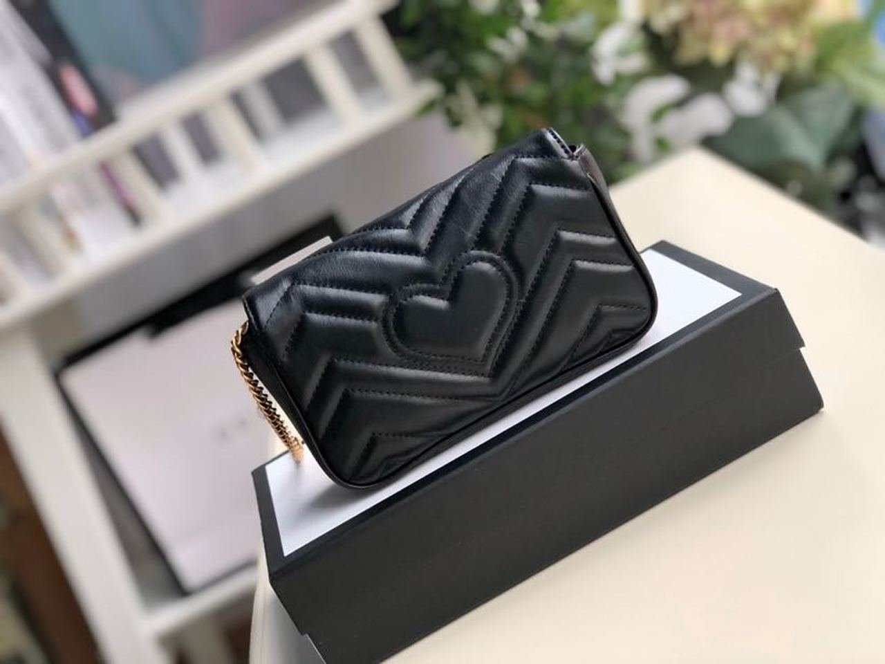 Gucci Marmont Matelassé Super Mini Bag Dusty Black Chevron For Women 6.2in/16.5cm