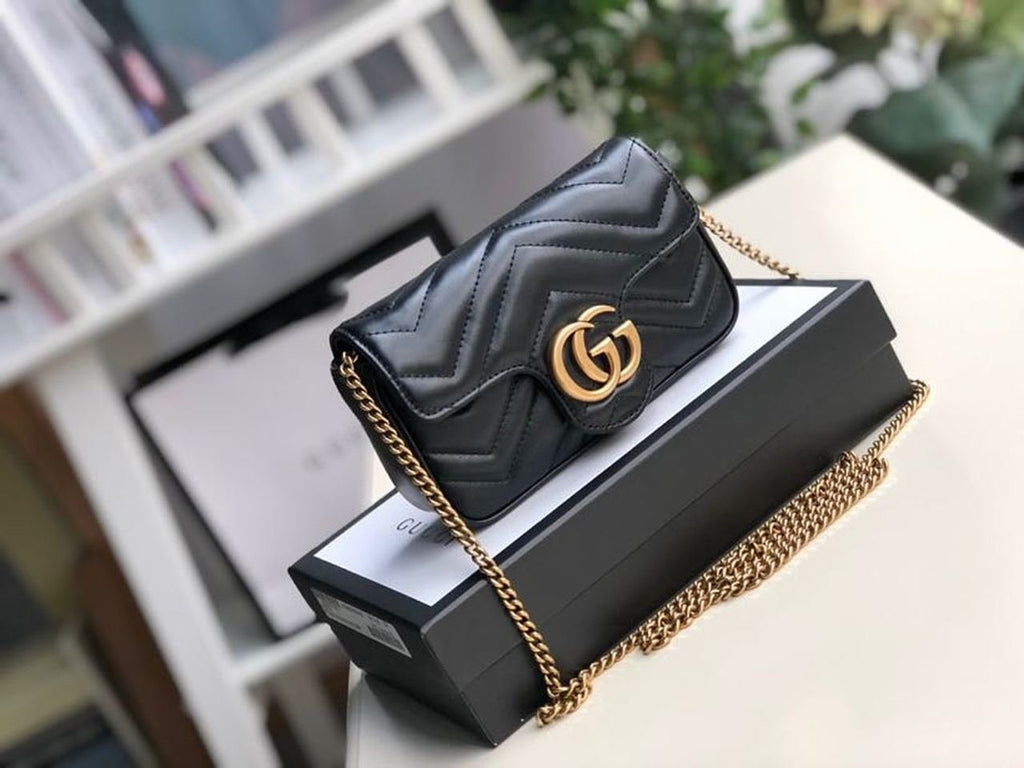Gucci Marmont Matelassé Super Mini Bag Dusty Black Chevron For Women 6.2in/16.5cm