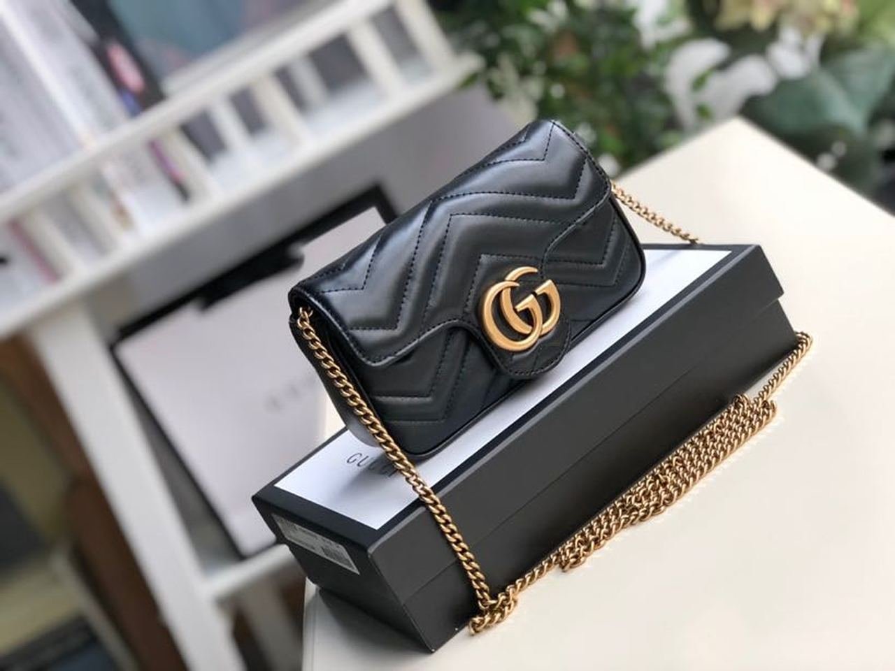 Gucci Marmont Matelassé Super Mini Bag Dusty Black Chevron For Women 6.2in/16.5cm