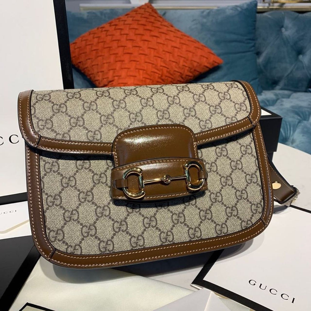 Gucci Horsebit 1955 Shoulder Bag Beige/Ebony GG Supreme Canvas With Brown For Women 9.8in/25cm