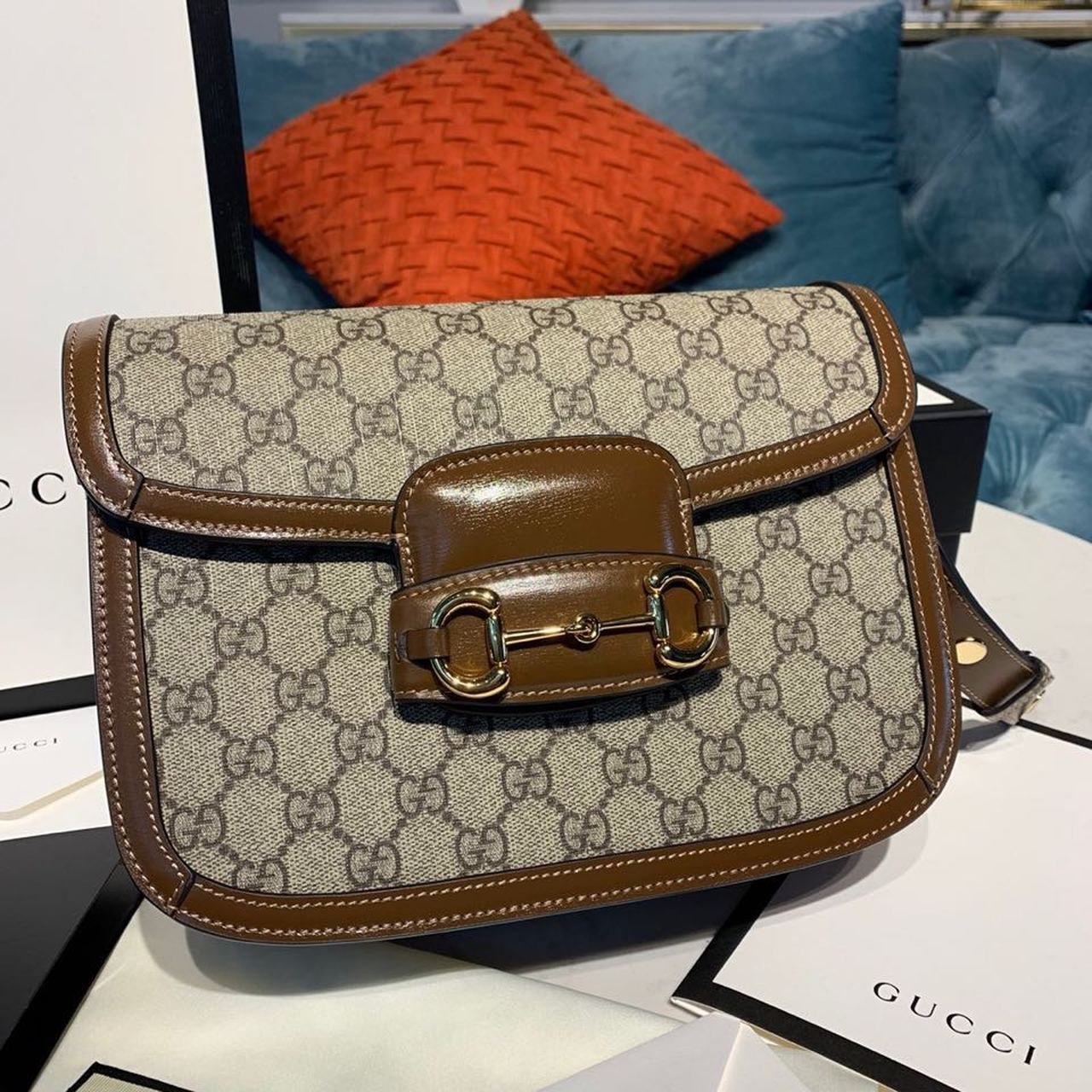 Gucci Horsebit 1955 Shoulder Bag Beige/Ebony GG Supreme Canvas With Brown For Women 9.8in/25cm