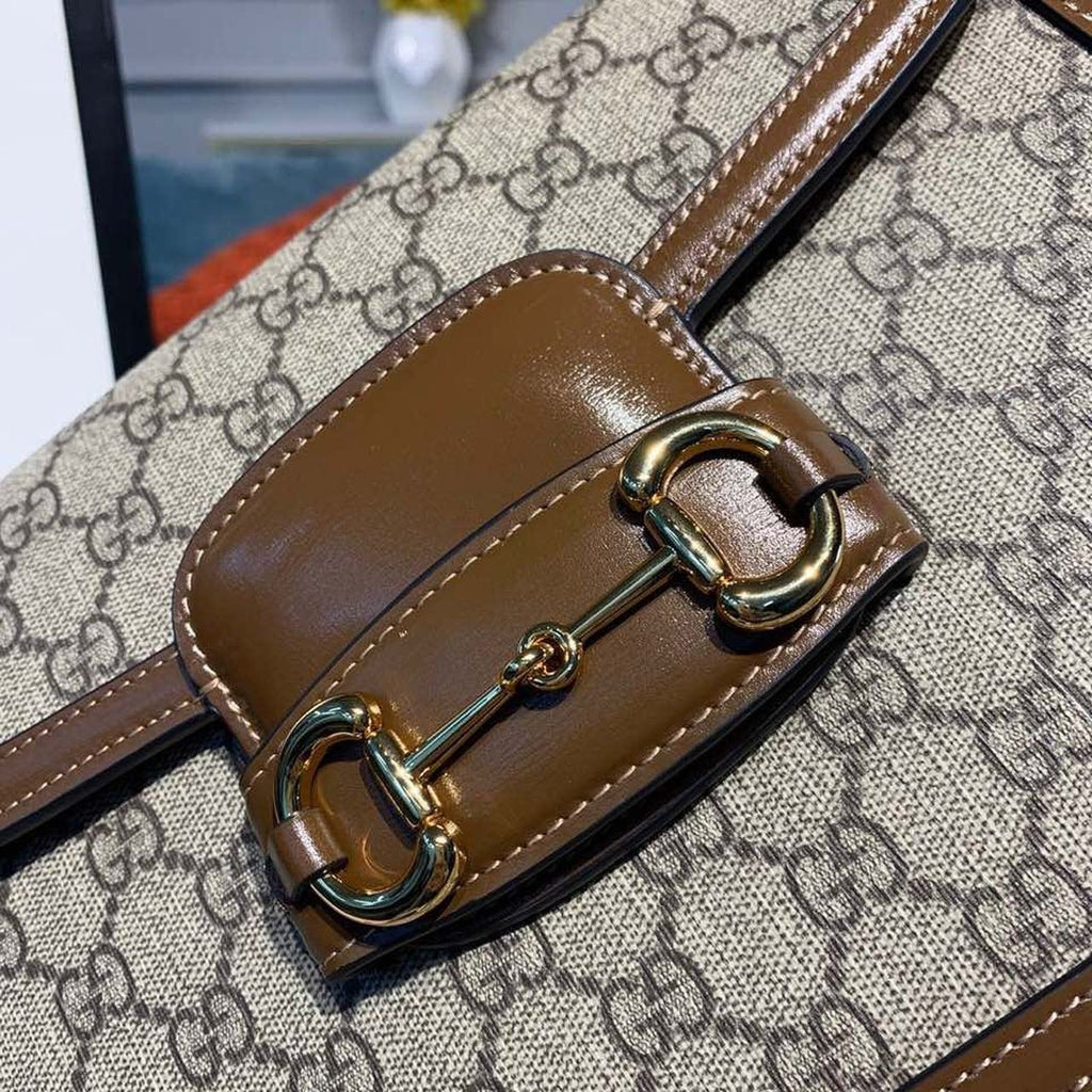 Gucci Horsebit 1955 Shoulder Bag Beige/Ebony GG Supreme Canvas With Brown For Women 9.8in/25cm