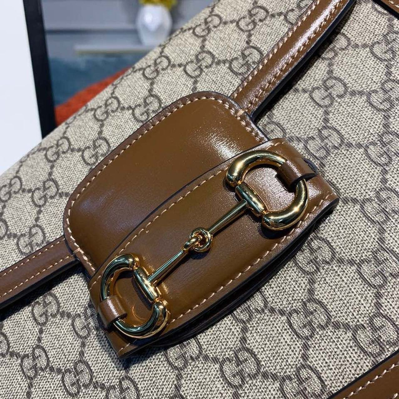 Gucci Horsebit 1955 Shoulder Bag Beige/Ebony GG Supreme Canvas With Brown For Women 9.8in/25cm