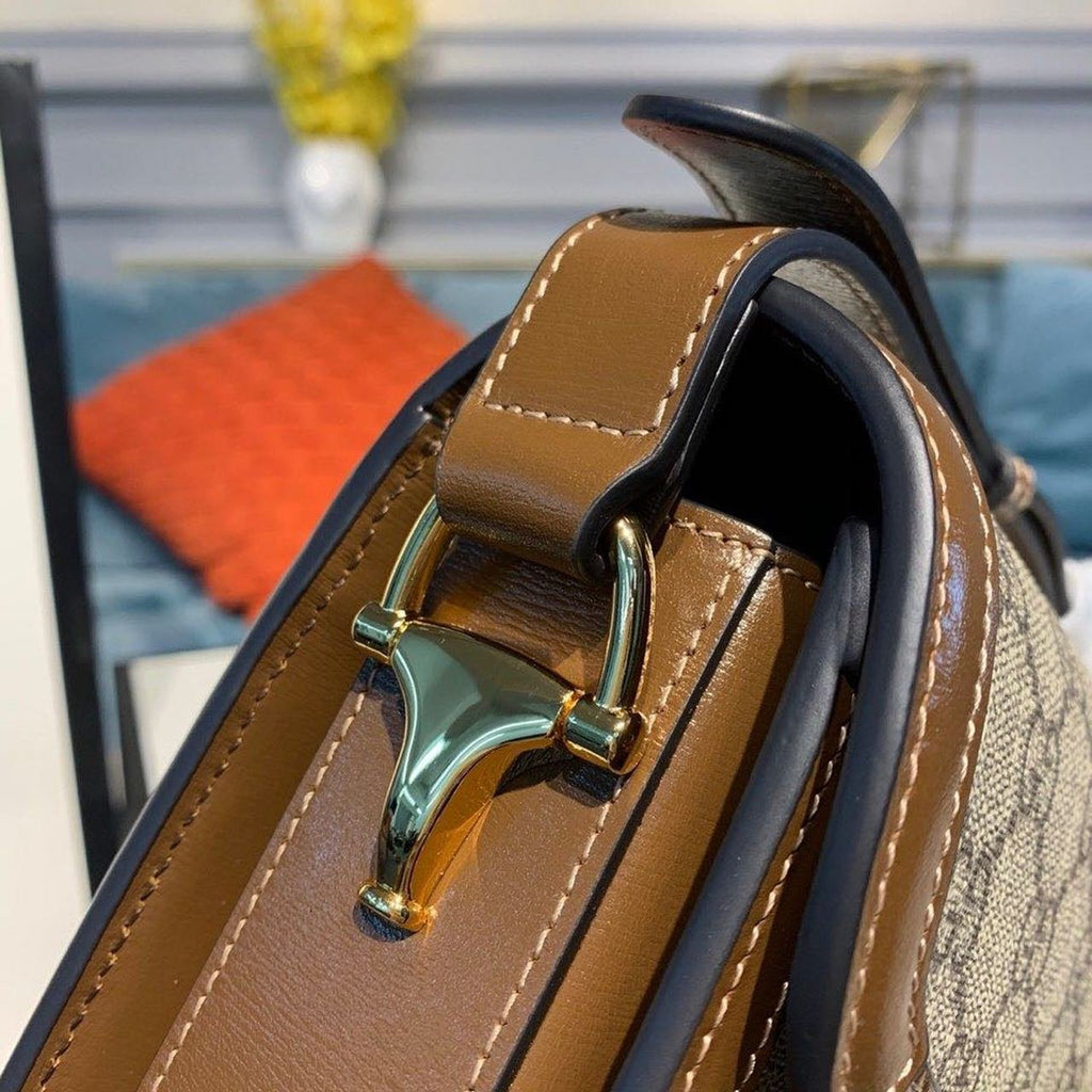 Gucci Horsebit 1955 Shoulder Bag Beige/Ebony GG Supreme Canvas With Brown For Women 9.8in/25cm