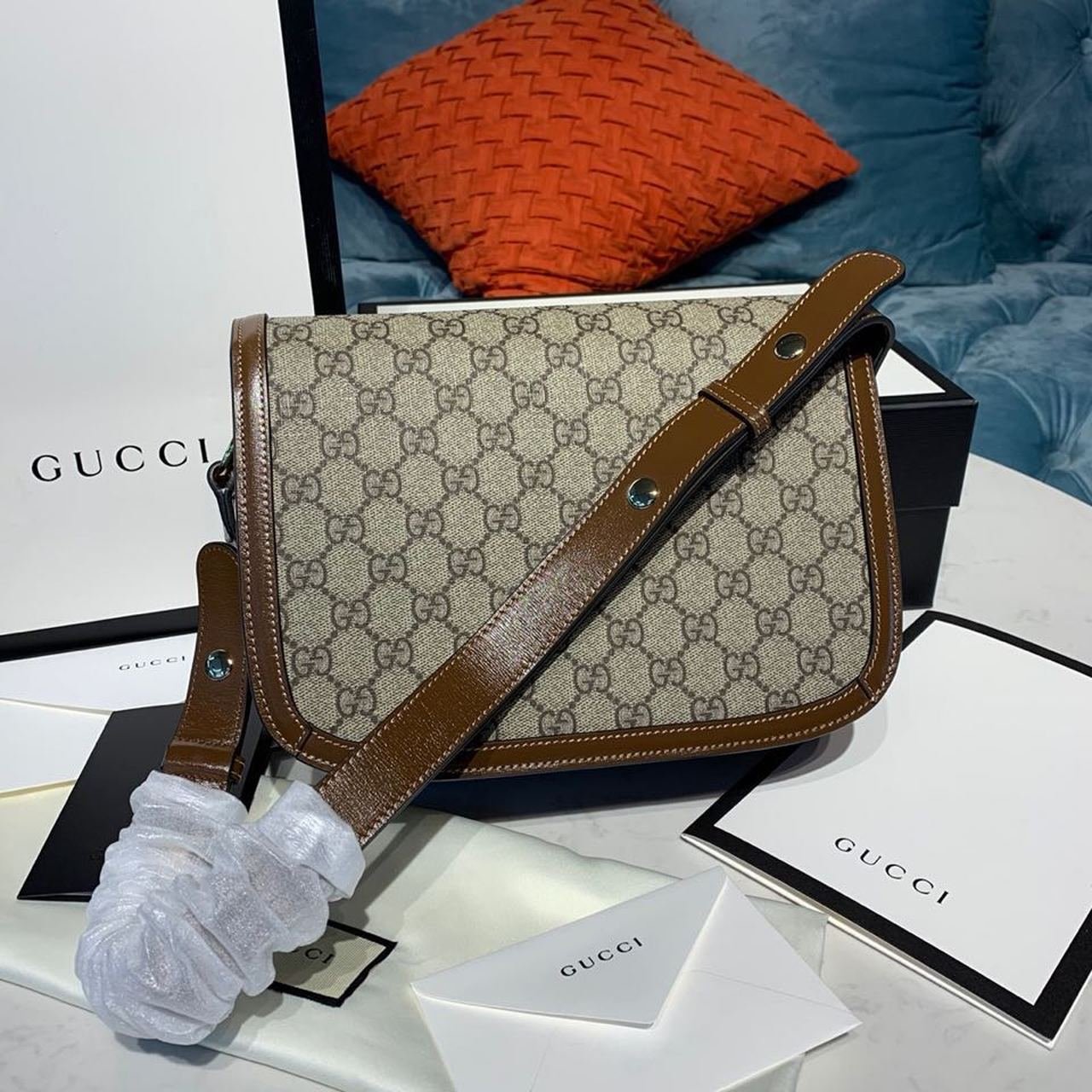 Gucci Horsebit 1955 Shoulder Bag Beige/Ebony GG Supreme Canvas With Brown For Women 9.8in/25cm