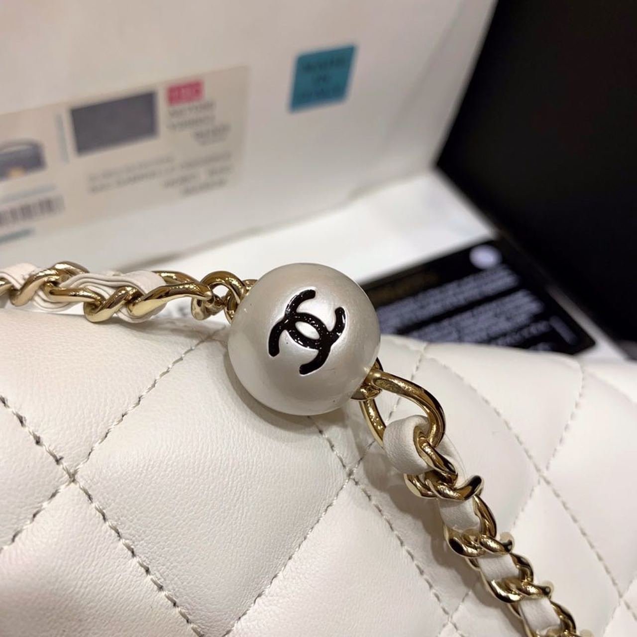 Chanel Flap Pearl Embellished Bag 18cm Gold Hardware Lambskin Leather Spring/Summer Collection, White