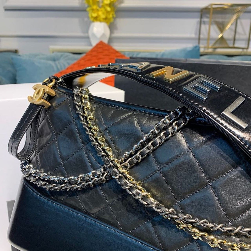 Chanel Gabrielle Hobo Bag 20cm Aged Calfskin Leather Bi-Color Gold/Silver Strap Spring/Summer Act 1 Collection, Black