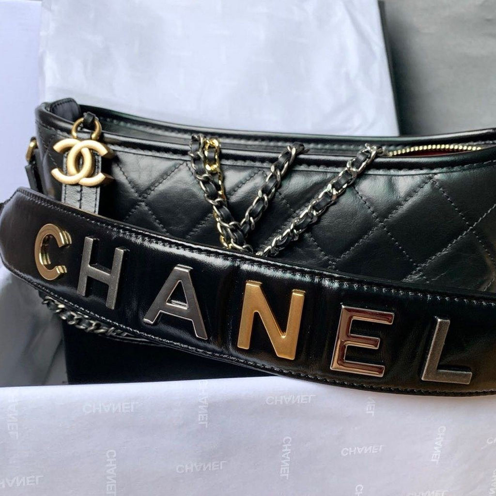 Chanel Gabrielle Hobo Bag 20cm Aged Calfskin Leather Bi-Color Gold/Silver Strap Spring/Summer Act 1 Collection, Black