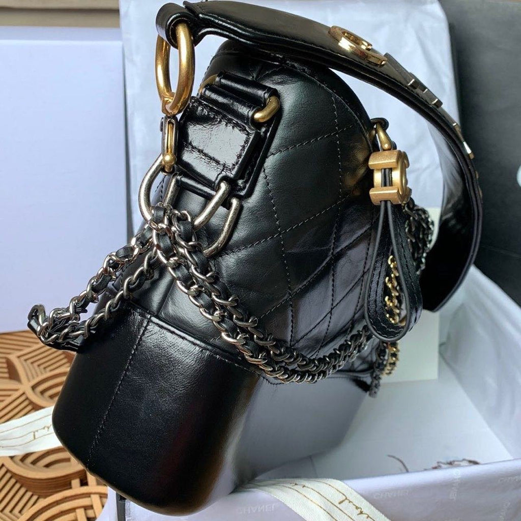 Chanel Gabrielle Hobo Bag 20cm Aged Calfskin Leather Bi-Color Gold/Silver Strap Spring/Summer Act 1 Collection, Black