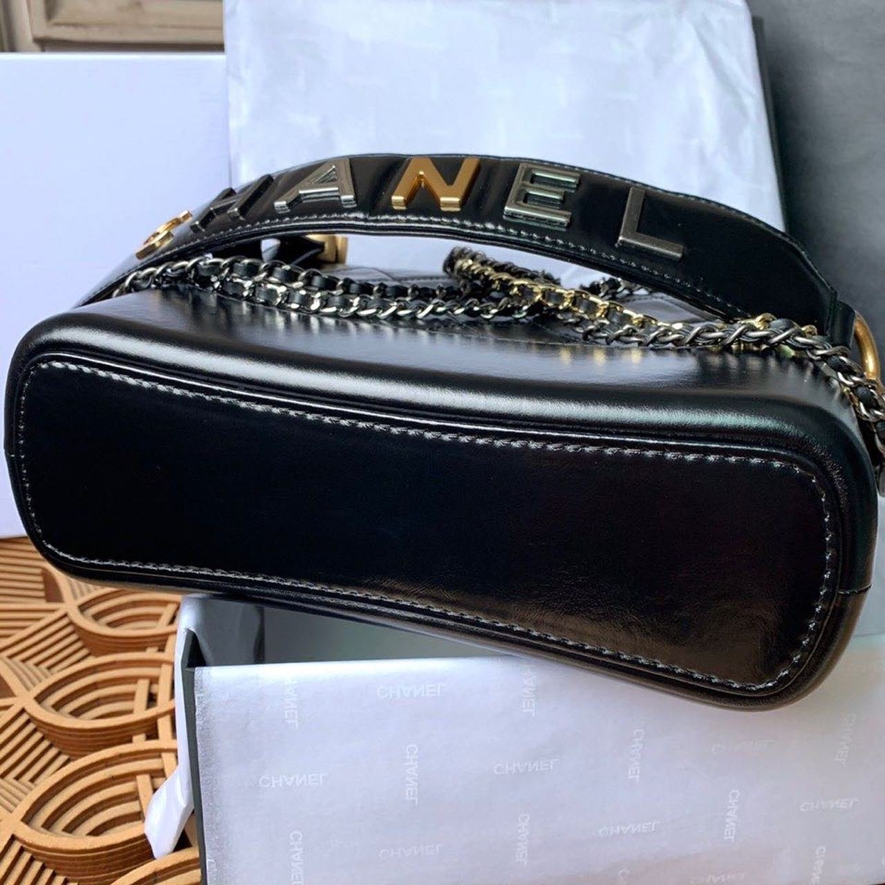 Chanel Gabrielle Hobo Bag 20cm Aged Calfskin Leather Bi-Color Gold/Silver Strap Spring/Summer Act 1 Collection, Black
