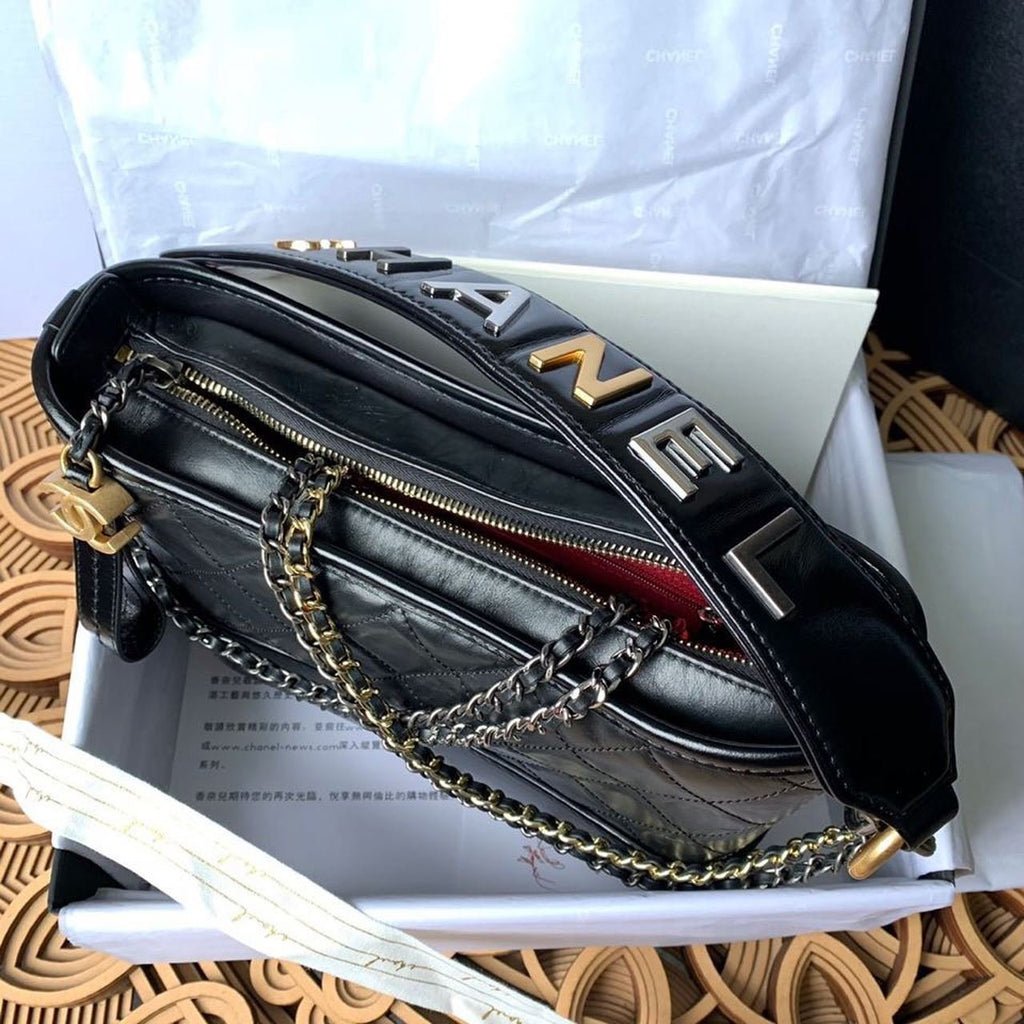 Chanel Gabrielle Hobo Bag 20cm Aged Calfskin Leather Bi-Color Gold/Silver Strap Spring/Summer Act 1 Collection, Black