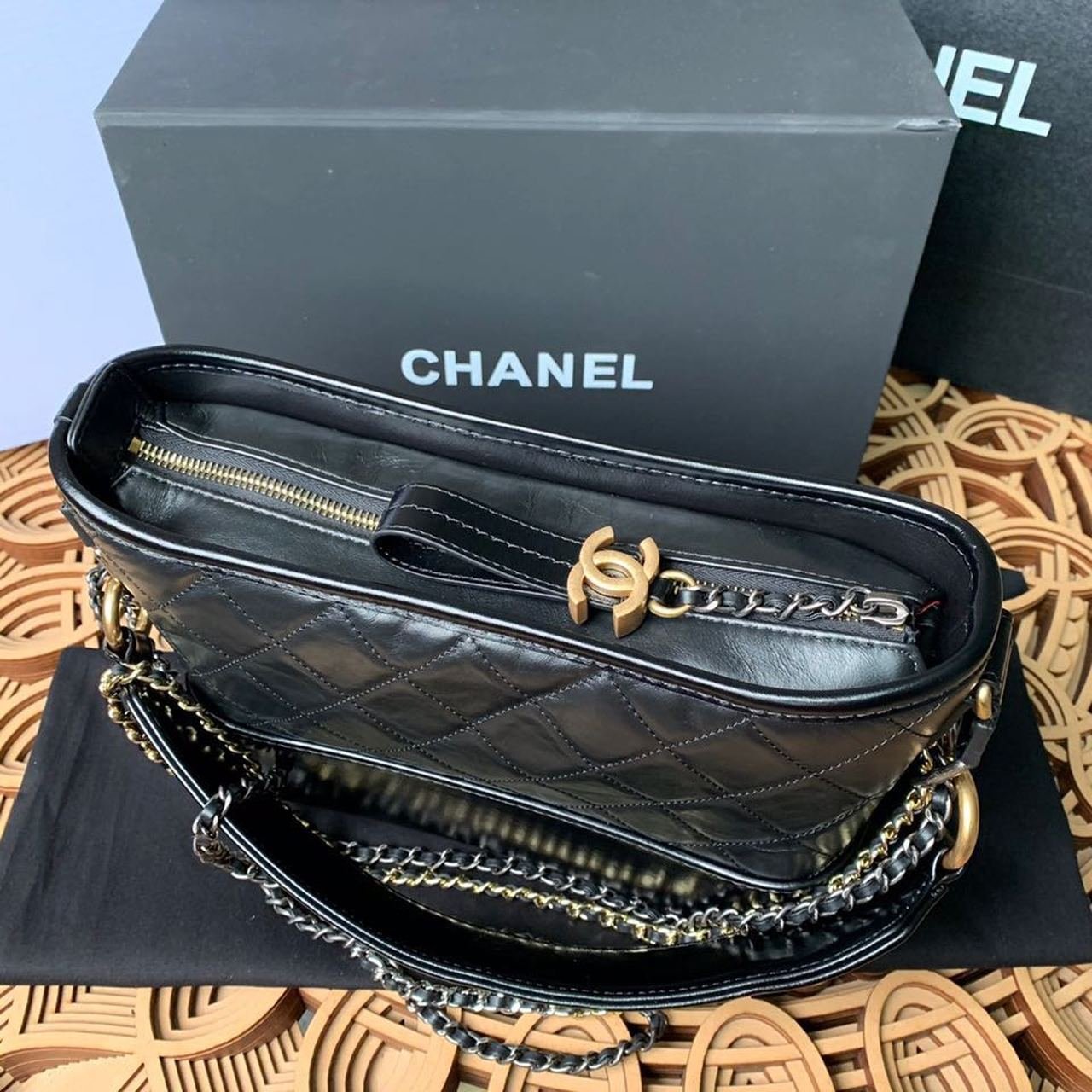 Chanel Gabrielle Hobo Bag 20cm Aged Calfskin Leather Bi-Color Gold/Silver Strap Spring/Summer Act 1 Collection, Black