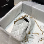Chanel Classic Flap With Charm Chain With CC Details On Strap Bag 20cm Gold Hardware Lambskin Leather Spring/Summer Collection, White