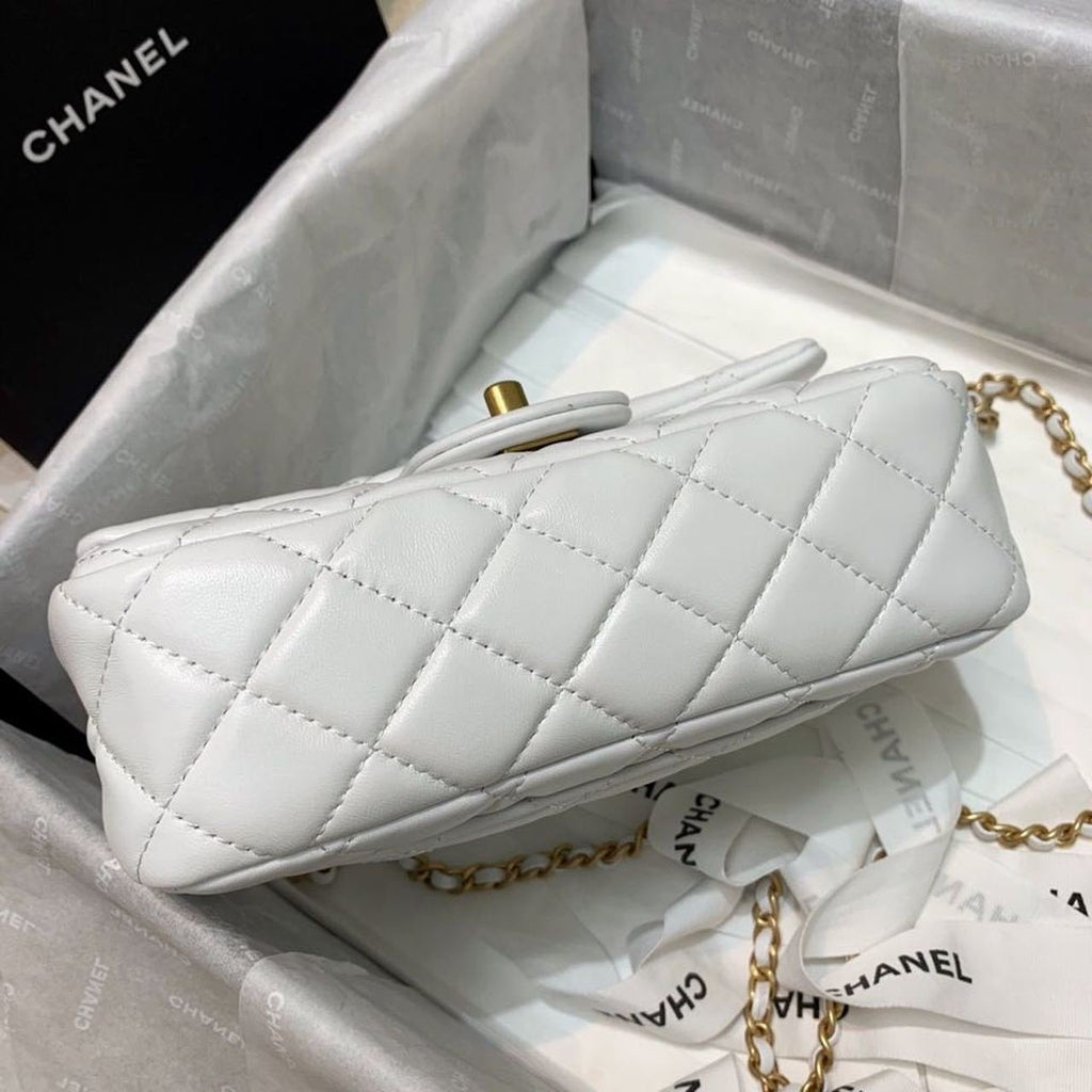 Chanel Classic Flap With Charm Chain With CC Details On Strap Bag 20cm Gold Hardware Lambskin Leather Spring/Summer Collection, White