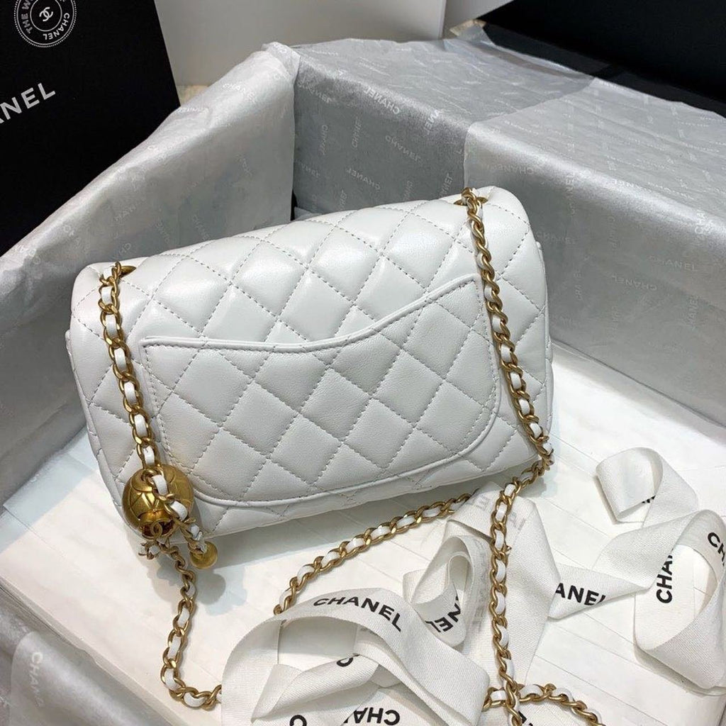 Chanel Classic Flap With Charm Chain With CC Details On Strap Bag 20cm Gold Hardware Lambskin Leather Spring/Summer Collection, White