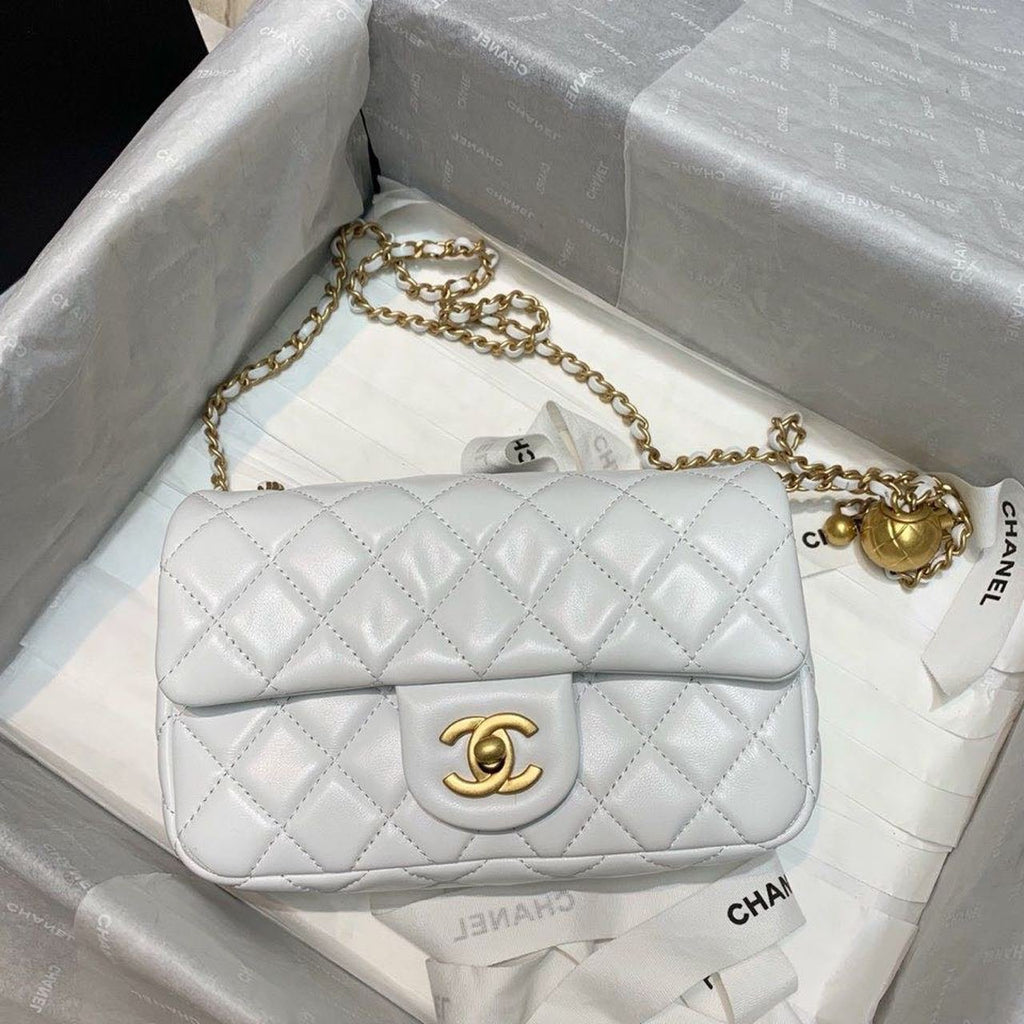 Chanel Classic Flap With Charm Chain With CC Details On Strap Bag 20cm Gold Hardware Lambskin Leather Spring/Summer Collection, White