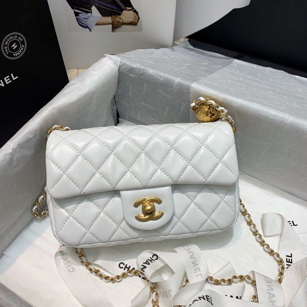 Chanel Classic Flap With Charm Chain With CC Details On Strap Bag 20cm Gold Hardware Lambskin Leather Spring/Summer Collection, White