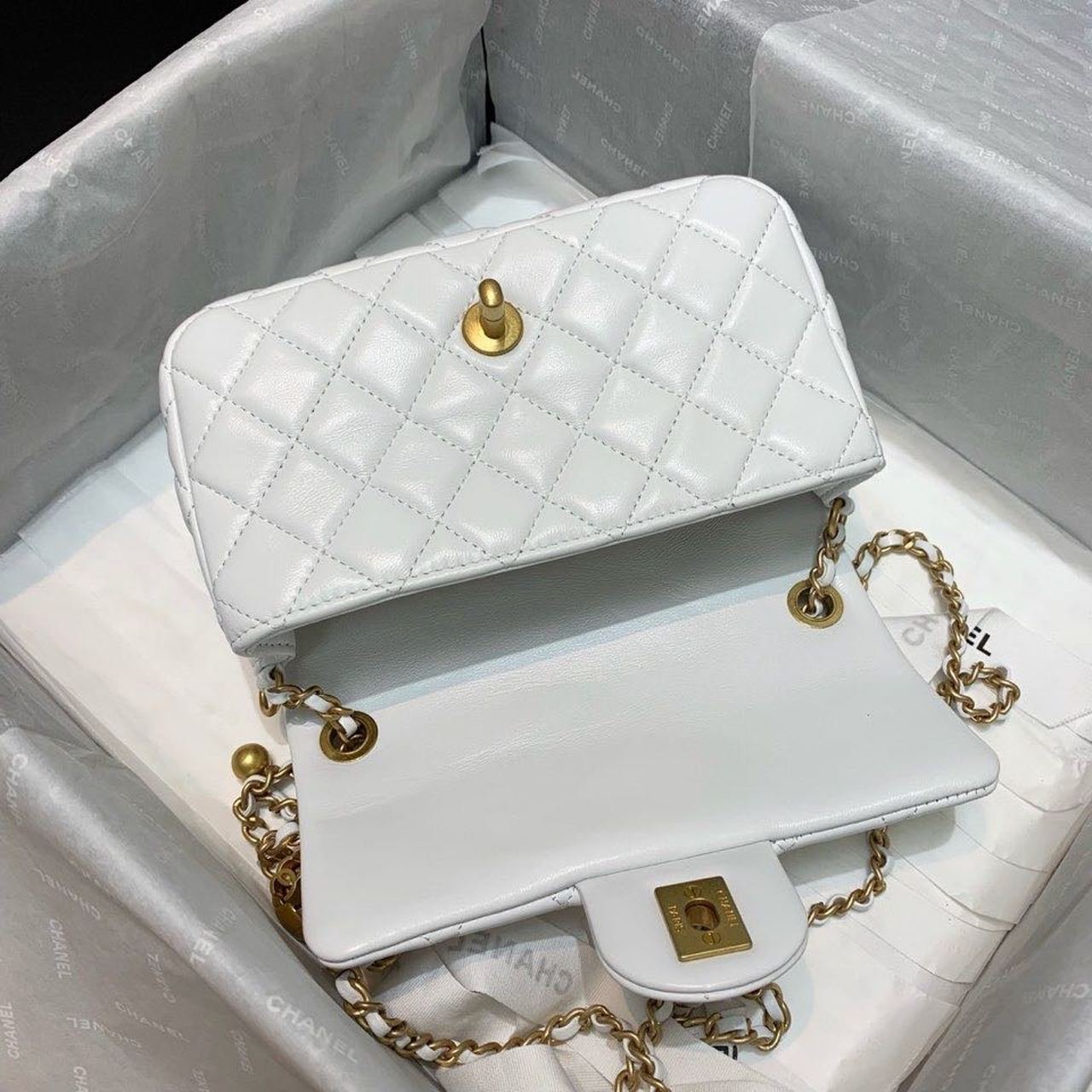 Chanel Classic Flap With Charm Chain With CC Details On Strap Bag 20cm Gold Hardware Lambskin Leather Spring/Summer Collection, White