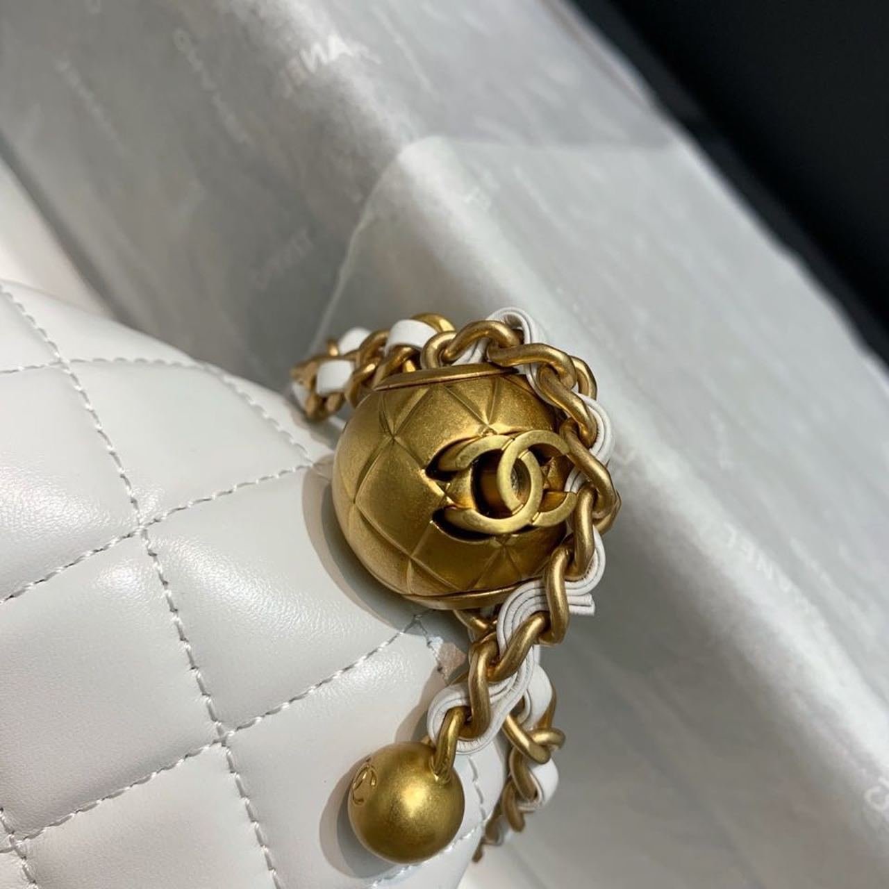 Chanel Classic Flap With Charm Chain With CC Details On Strap Bag 20cm Gold Hardware Lambskin Leather Spring/Summer Collection, White