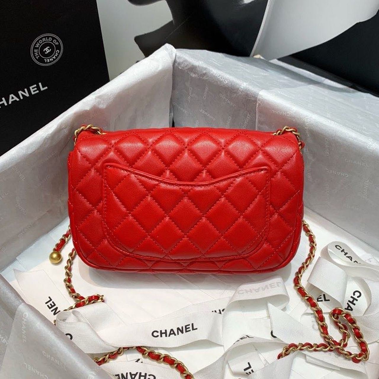 Chanel Classic Flap With Charm Chain With CC Details On Strap Bag 20cm Gold Hardware Lambskin Leather Spring/Summer Collection, Red