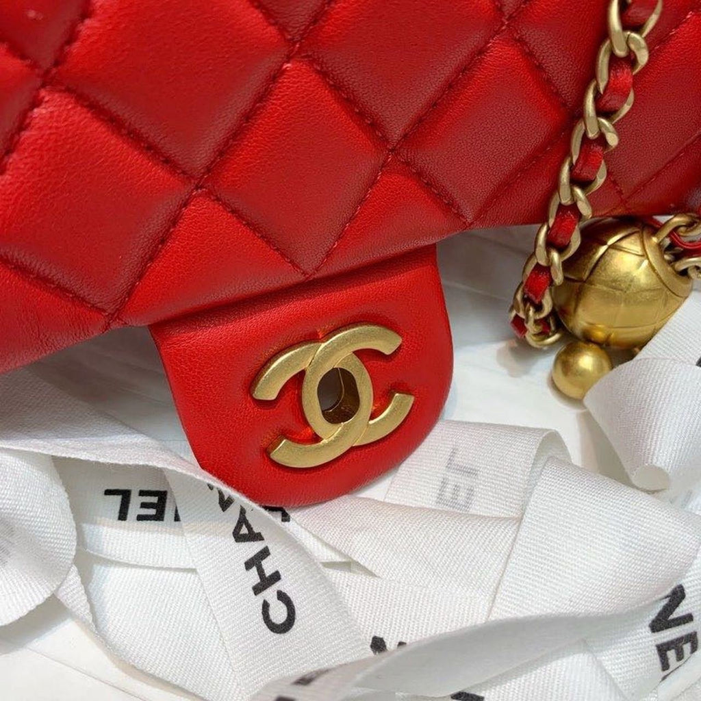 Chanel Classic Flap With Charm Chain With CC Details On Strap Bag 20cm Gold Hardware Lambskin Leather Spring/Summer Collection, Red