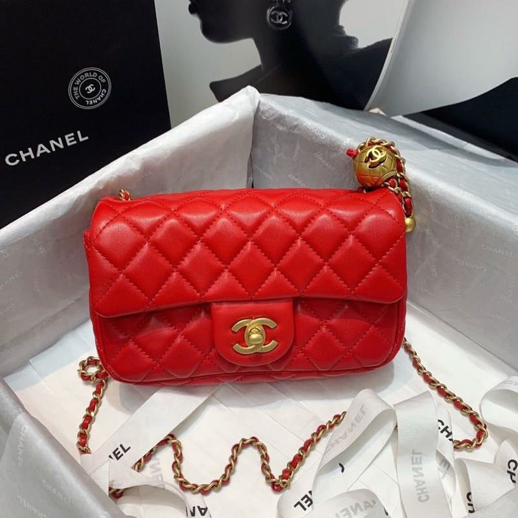 Chanel Classic Flap With Charm Chain With CC Details On Strap Bag 20cm Gold Hardware Lambskin Leather Spring/Summer Collection, Red