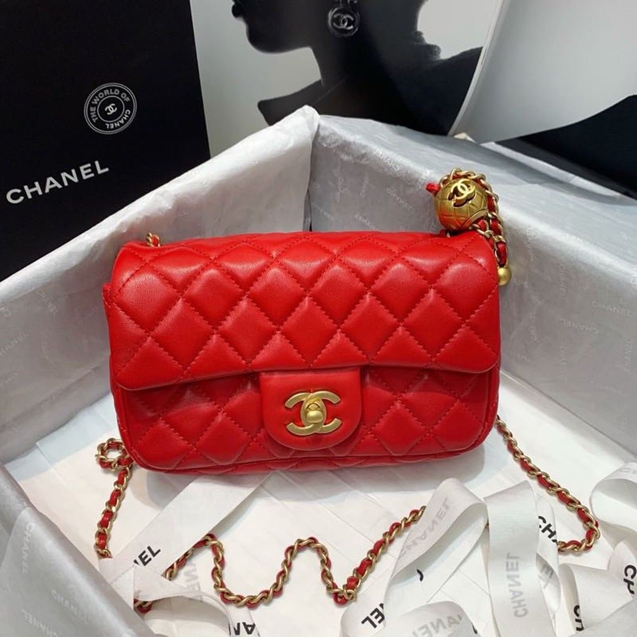 Chanel Classic Flap With Charm Chain With CC Details On Strap Bag 20cm Gold Hardware Lambskin Leather Spring/Summer Collection, Red
