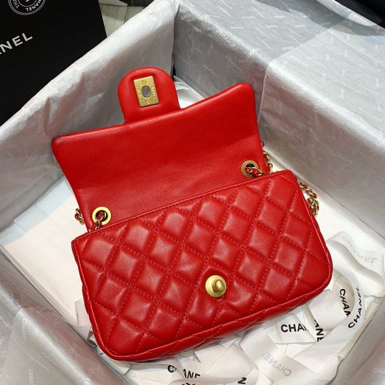 Chanel Classic Flap With Charm Chain With CC Details On Strap Bag 20cm Gold Hardware Lambskin Leather Spring/Summer Collection, Red