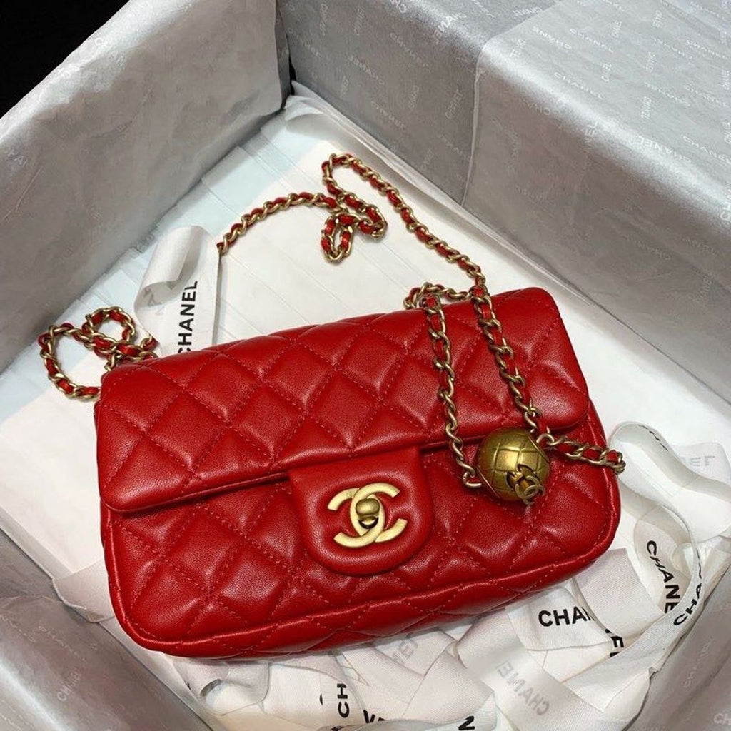 Chanel Classic Flap With Charm Chain With CC Details On Strap Bag 20cm Gold Hardware Lambskin Leather Spring/Summer Collection, Red