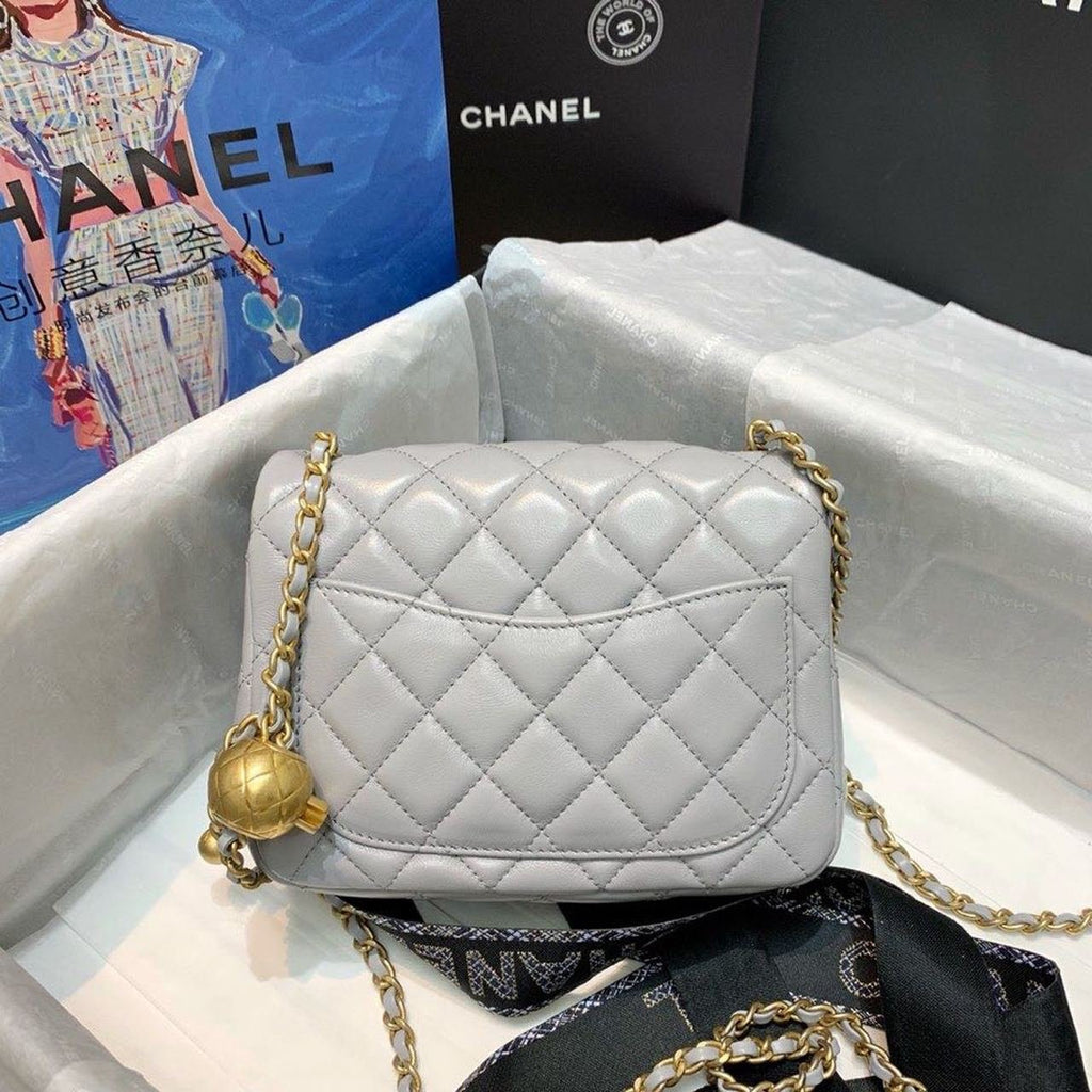 Chanel Classic Flap With Charm Chain With CC Details On Strap Bag 18cm Gold Hardware Lambskin Leather Spring/Summer Collection, Grey