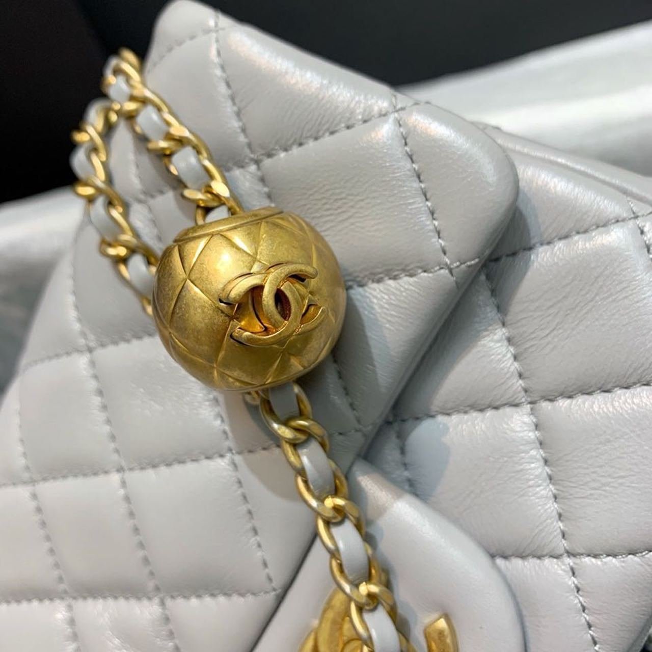 Chanel Classic Flap With Charm Chain With CC Details On Strap Bag 18cm Gold Hardware Lambskin Leather Spring/Summer Collection, Grey