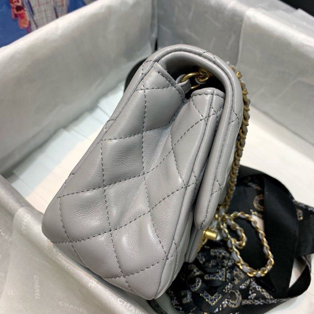 Chanel Classic Flap With Charm Chain With CC Details On Strap Bag 18cm Gold Hardware Lambskin Leather Spring/Summer Collection, Grey