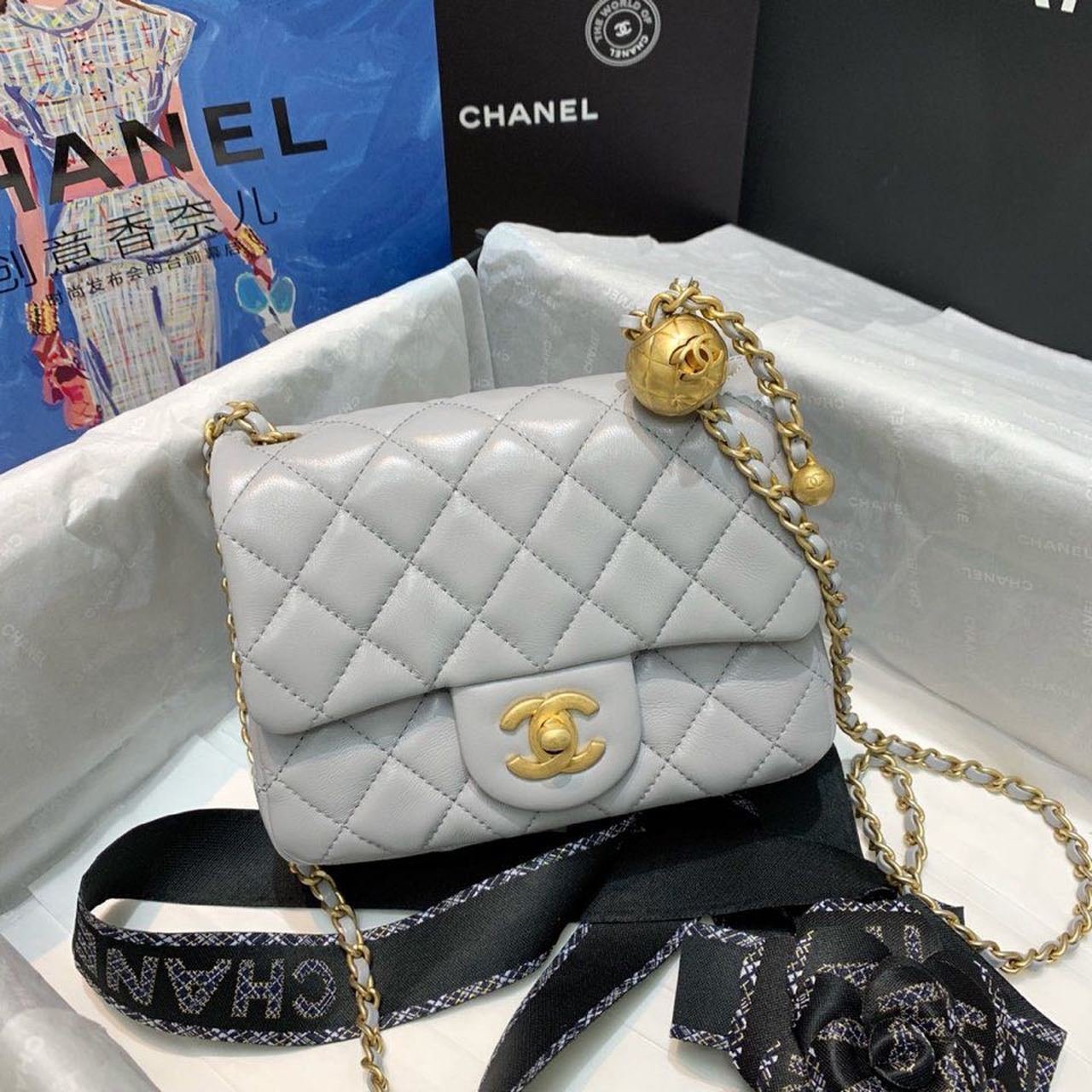 Chanel Classic Flap With Charm Chain With CC Details On Strap Bag 18cm Gold Hardware Lambskin Leather Spring/Summer Collection, Grey
