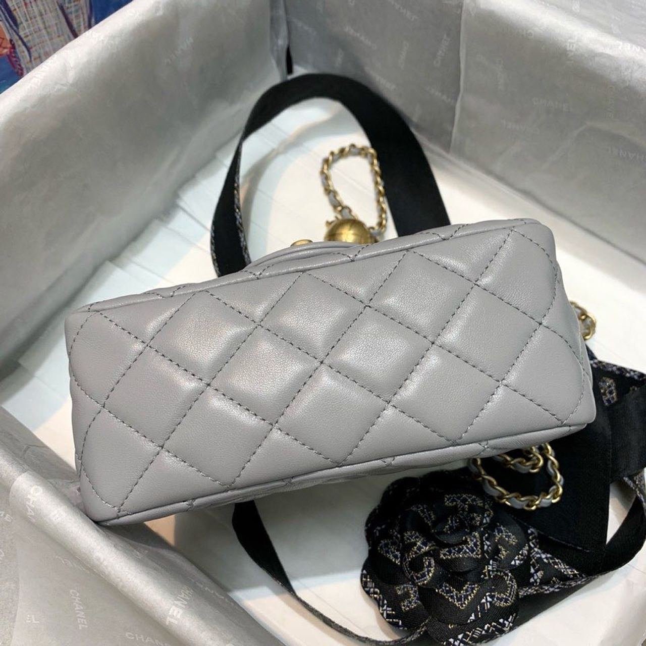 Chanel Classic Flap With Charm Chain With CC Details On Strap Bag 18cm Gold Hardware Lambskin Leather Spring/Summer Collection, Grey