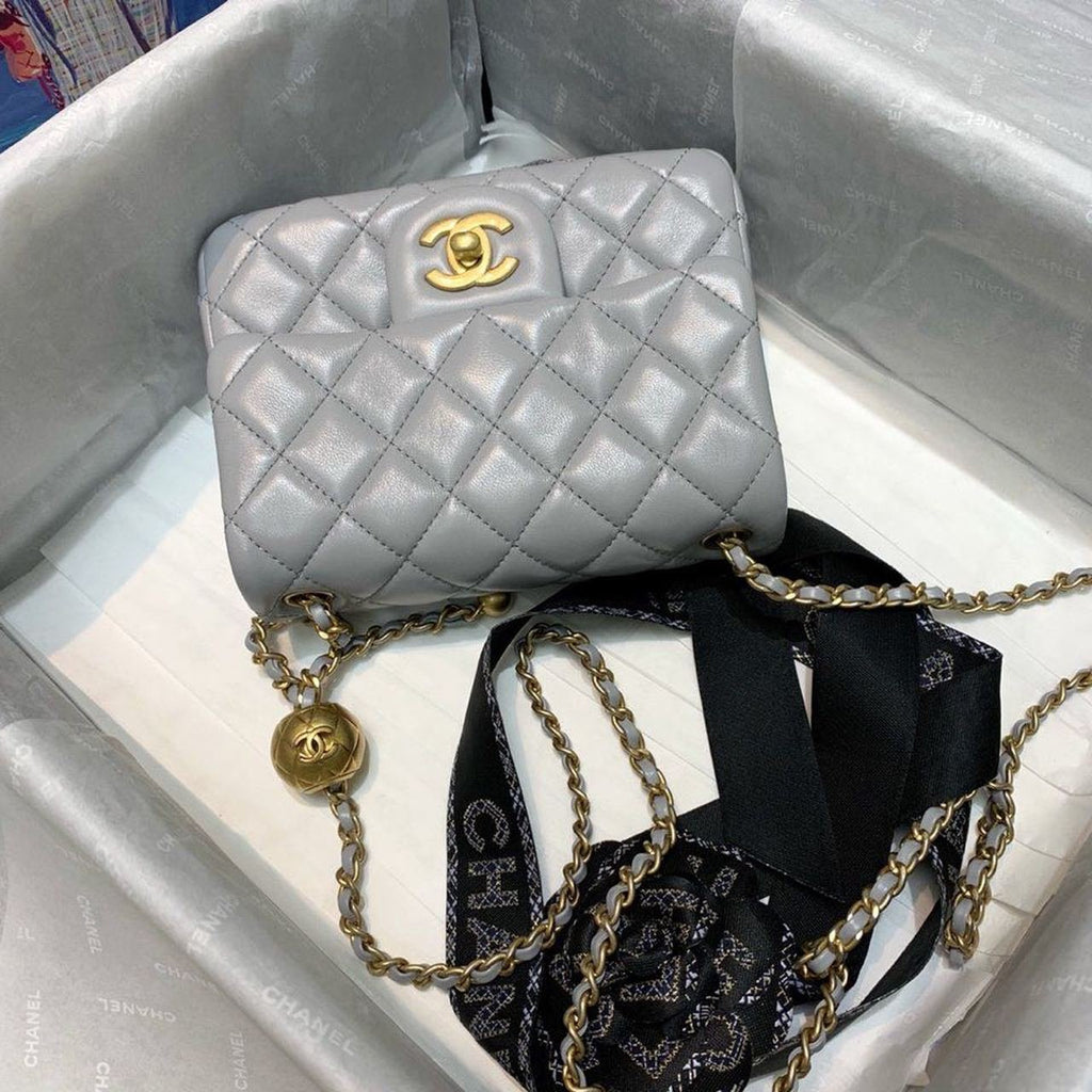 Chanel Classic Flap With Charm Chain With CC Details On Strap Bag 18cm Gold Hardware Lambskin Leather Spring/Summer Collection, Grey