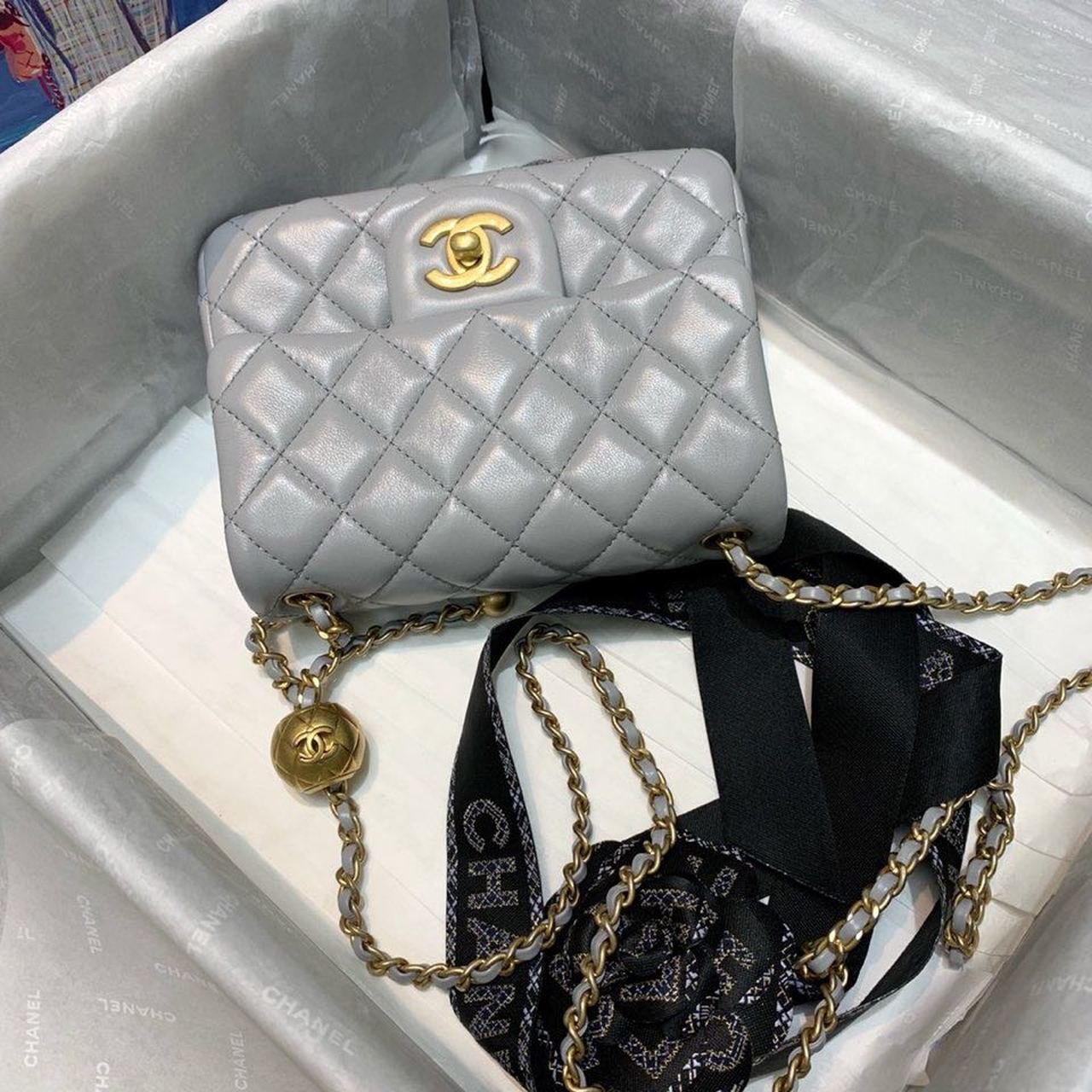 Chanel Classic Flap With Charm Chain With CC Details On Strap Bag 18cm Gold Hardware Lambskin Leather Spring/Summer Collection, Grey