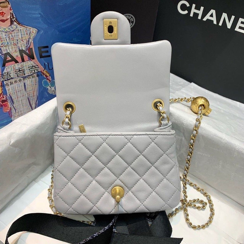 Chanel Classic Flap With Charm Chain With CC Details On Strap Bag 18cm Gold Hardware Lambskin Leather Spring/Summer Collection, Grey