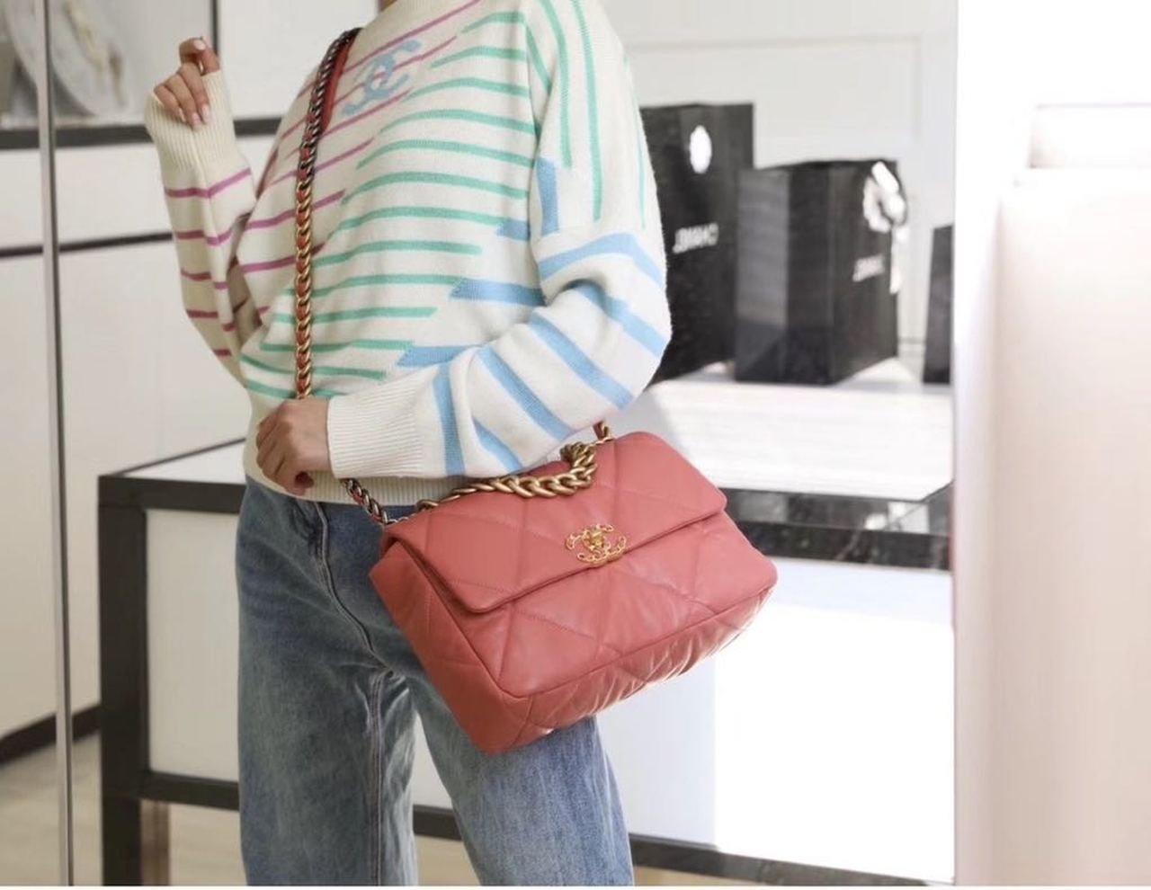 Chanel 19 Flap Bag 26cm Goatskin Leather Spring/Summer Act 1 Collection, Salmon Pink