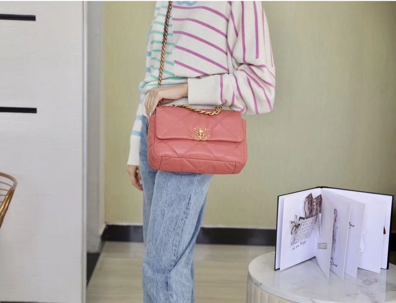 Chanel 19 Flap Bag 26cm Goatskin Leather Spring/Summer Act 1 Collection, Salmon Pink