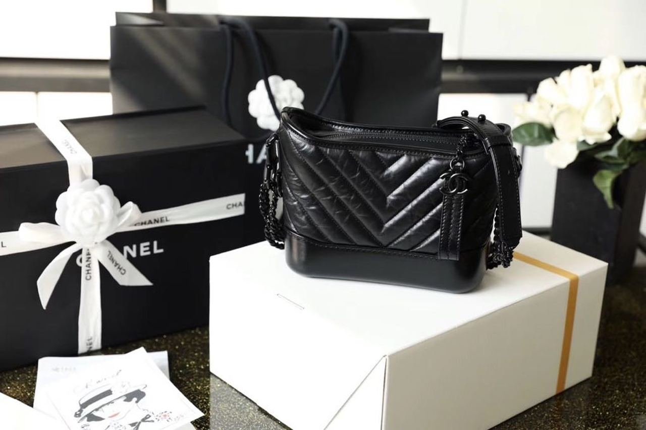 Chanel Chevron Gabrielle Hobo Bag 20cm Aged Calfskin Leather Spring/Summer Act 1 Collection, So Black