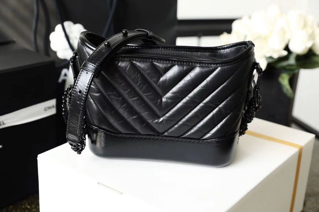 Chanel Chevron Gabrielle Hobo Bag 20cm Aged Calfskin Leather Spring/Summer Act 1 Collection, So Black