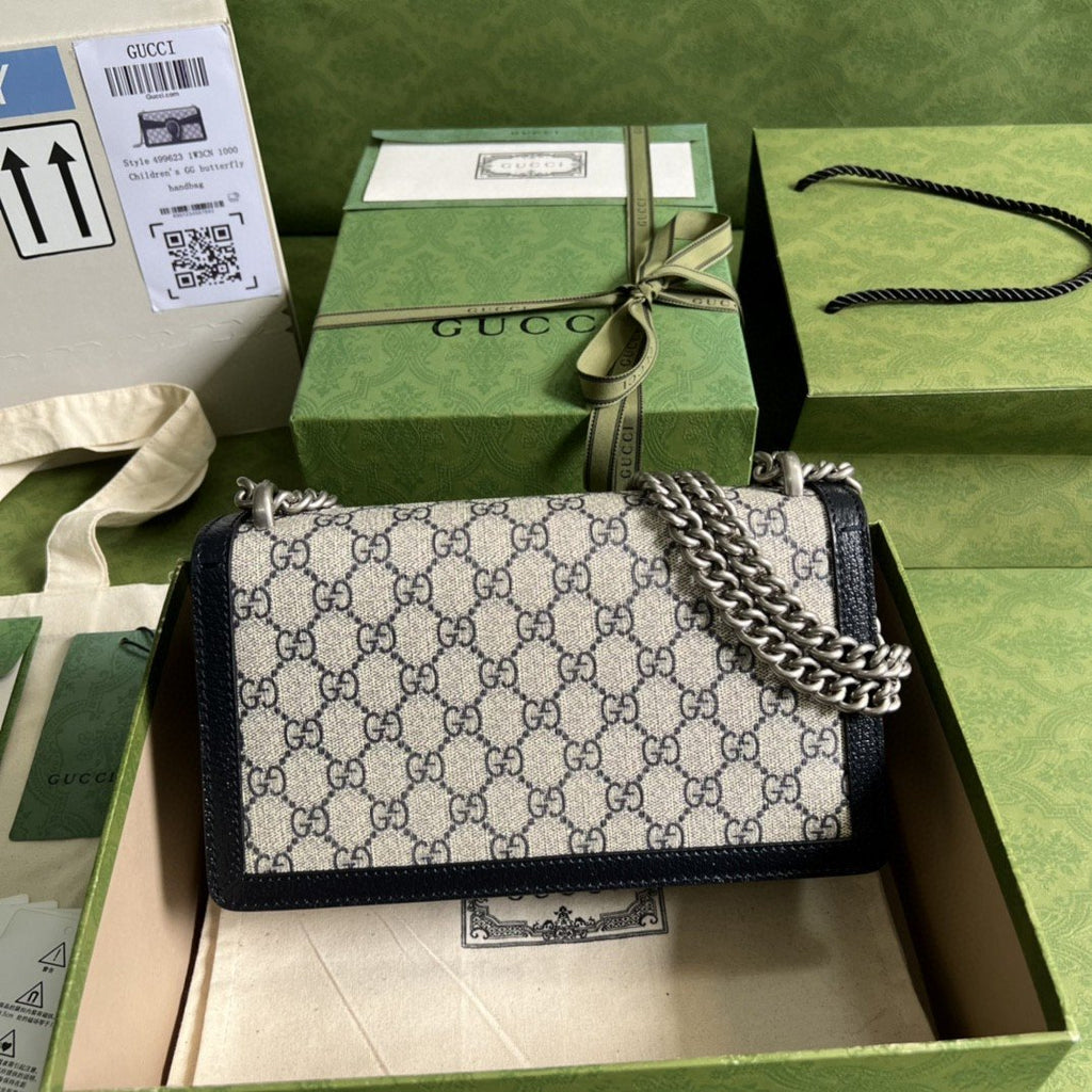 Gucci Dionysus Small GG Shoulder Bag Beige And Blue GG Supreme Canvas For Women 10in/25cm