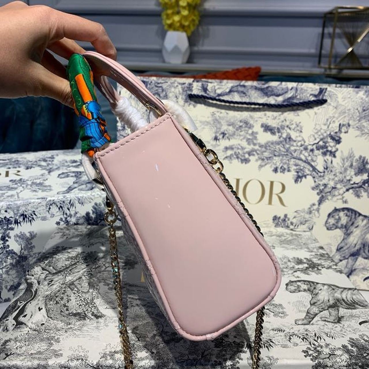 Christian Dior Mini Lady Dior Bag 18cm with Chain Gold Hardware Patent Leather Spring/Summer Collection, Light Pink