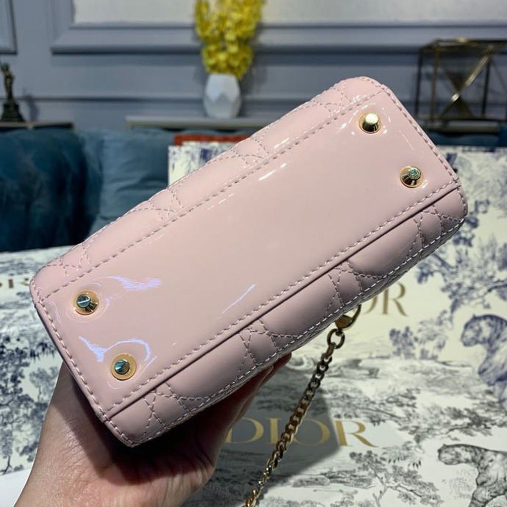 Christian Dior Mini Lady Dior Bag 18cm with Chain Gold Hardware Patent Leather Spring/Summer Collection, Light Pink