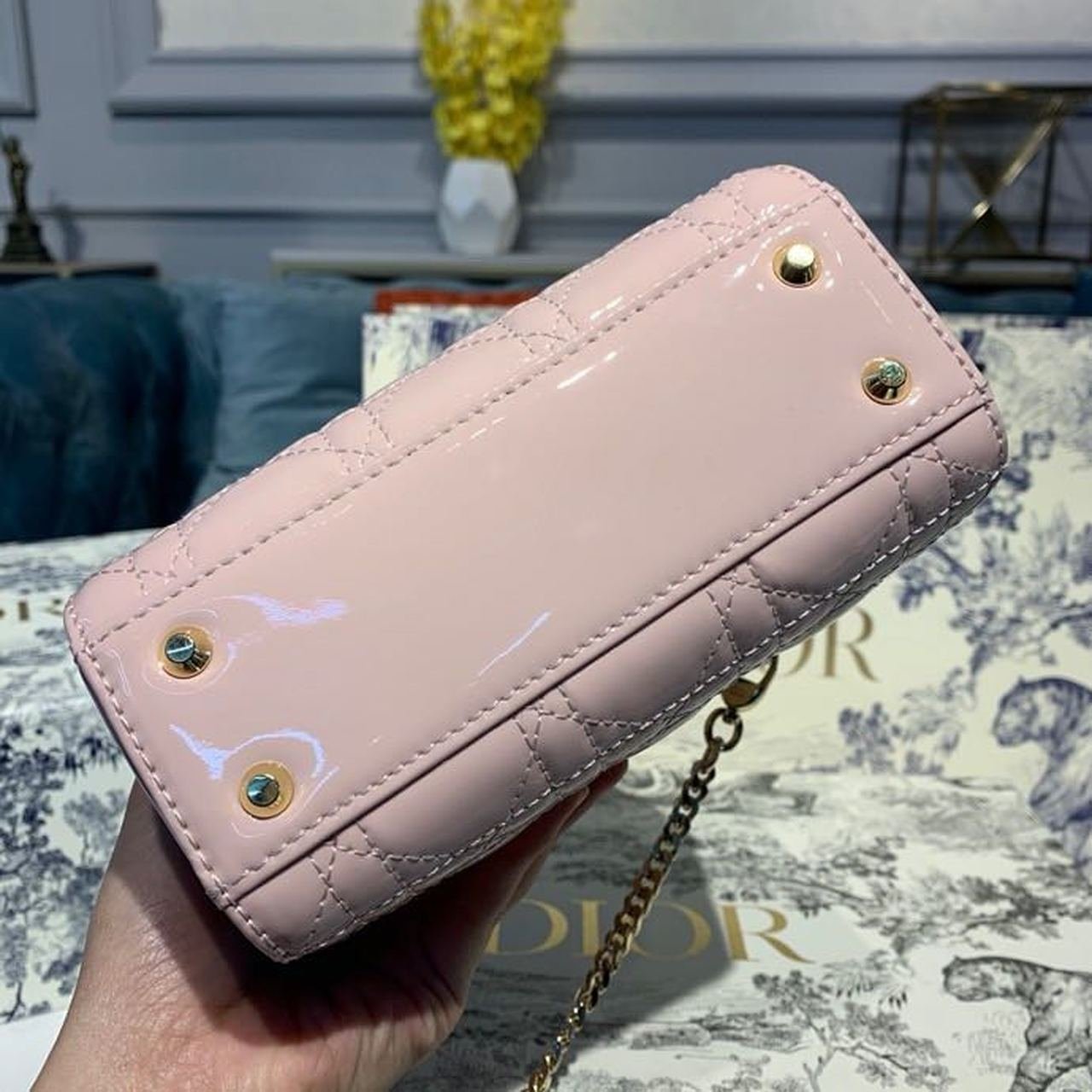 Christian Dior Mini Lady Dior Bag 18cm with Chain Gold Hardware Patent Leather Spring/Summer Collection, Light Pink