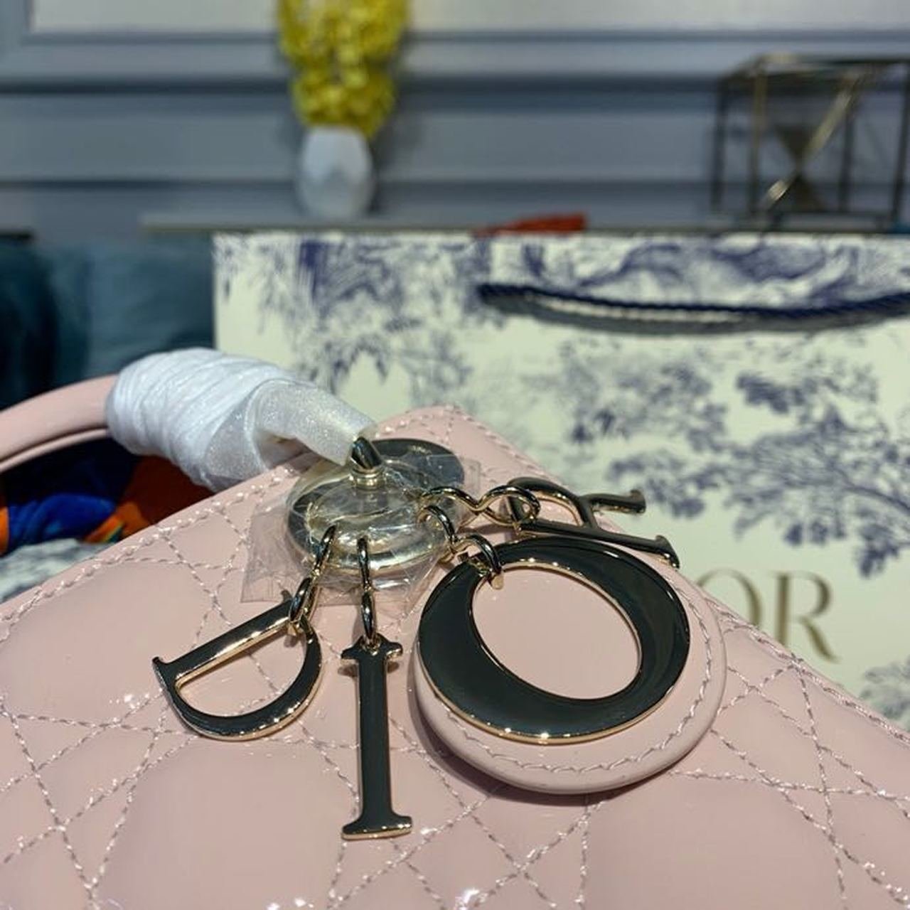 Christian Dior Mini Lady Dior Bag 18cm with Chain Gold Hardware Patent Leather Spring/Summer Collection, Light Pink