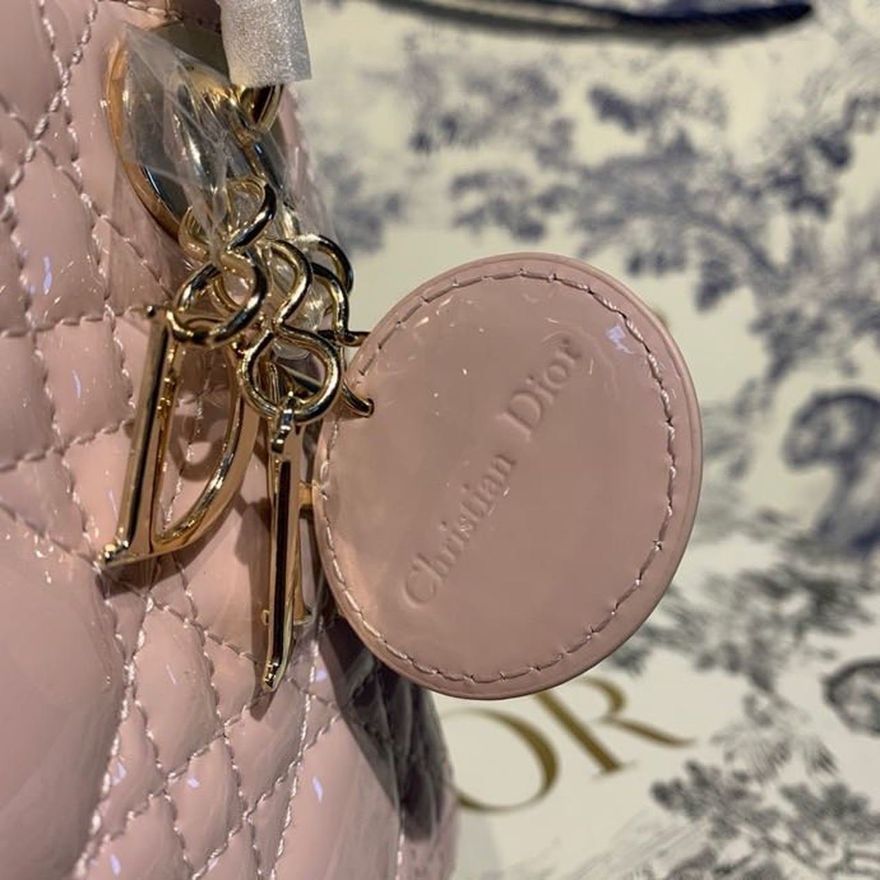 Christian Dior Mini Lady Dior Bag 18cm with Chain Gold Hardware Patent Leather Spring/Summer Collection, Light Pink