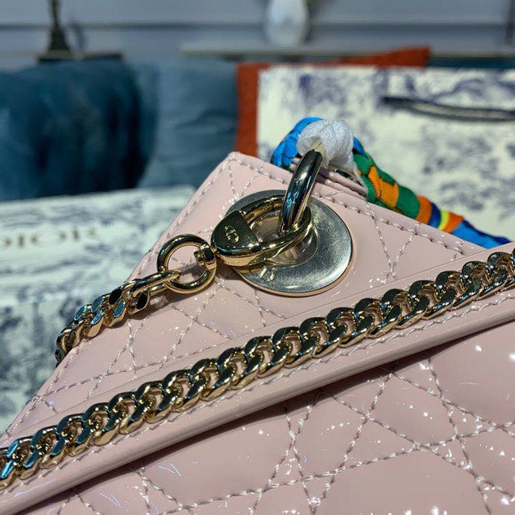 Christian Dior Mini Lady Dior Bag 18cm with Chain Gold Hardware Patent Leather Spring/Summer Collection, Light Pink