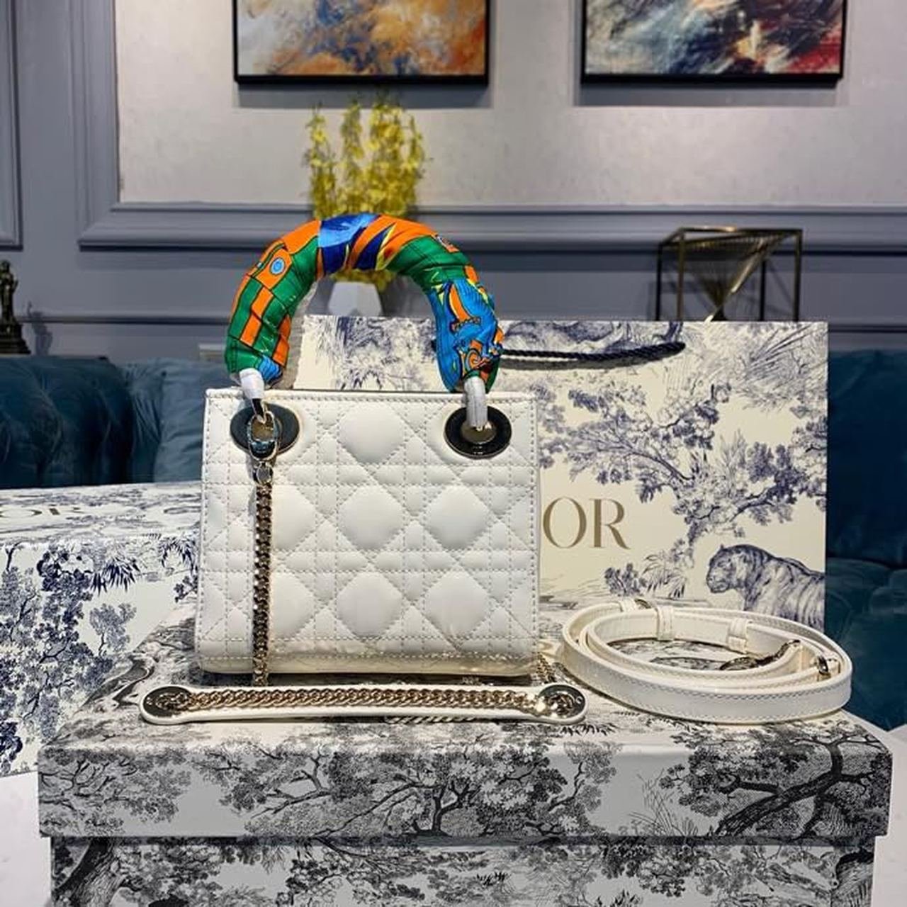 Christian Dior Mini Lady Dior Bag 18cm with Chain Gold Hardware Patent Leather Spring/Summer Collection, White